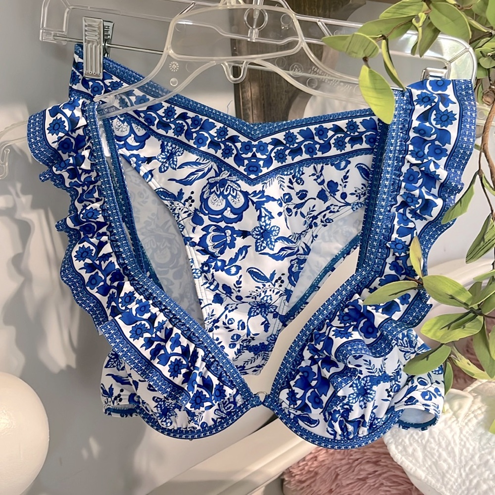 Ruffle Floral Blue White Bikini Top Bottoms Set